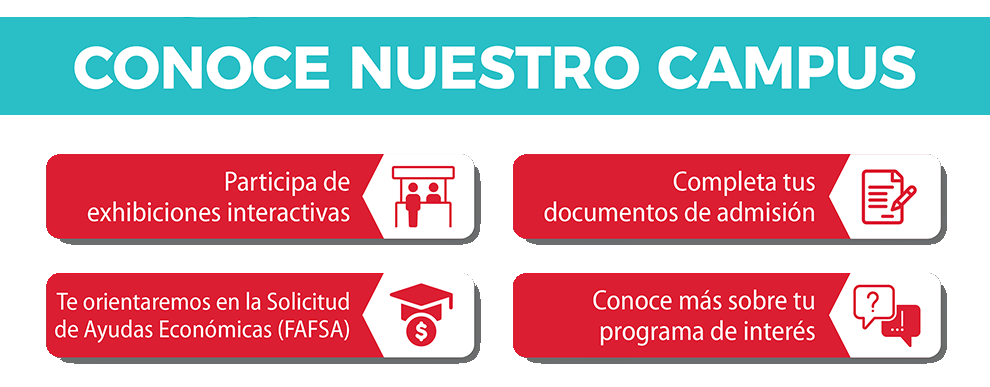Participa de exhibiciones interactivas, Completa tus documentos de admisión, Te orientaremos en la Solicitud de Ayudas Económicas (FAFSA), Conoce más sobre tu programa de interés