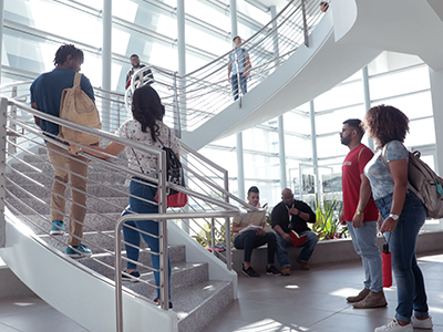 grupo de estudiantes en las escaleras del recinto