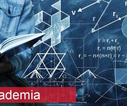 joven estudiante leyendo libro al fondo pizarra con figuras geométricass