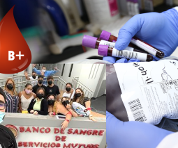 grupo de estudiantes y utensilios para donación de sangre