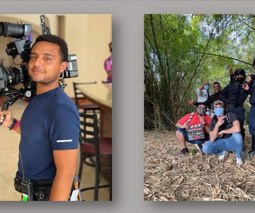 dos fotos una con un camarógrafo la otra con un grupo de estudiantes