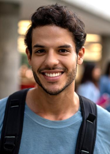 Foto de estudiante con mochila frente a la universidad